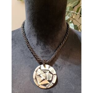Womens Fashion Inlaid Abalone Pendant with Twisted Black Glass Beads Necklace
